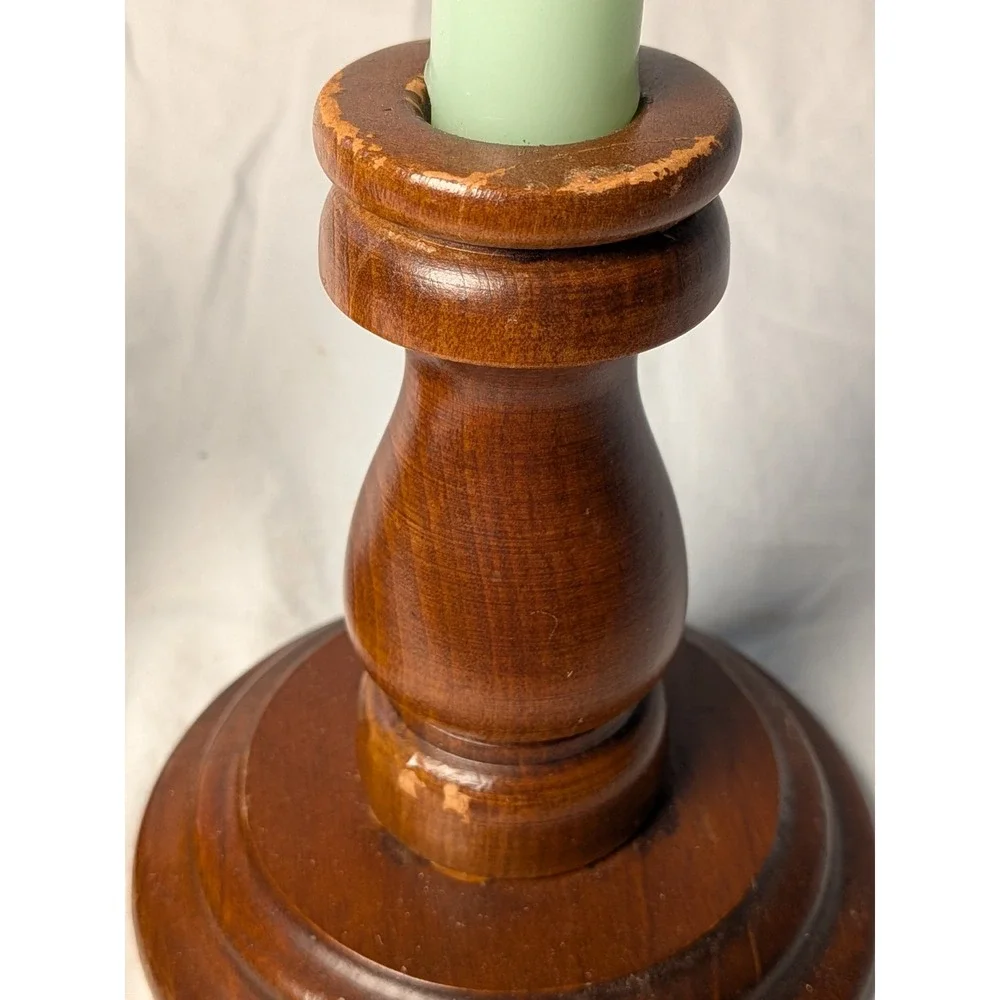 Vintage Turned Wood Candlestick Set Pair Brown Taper Candle Holders 4.5in